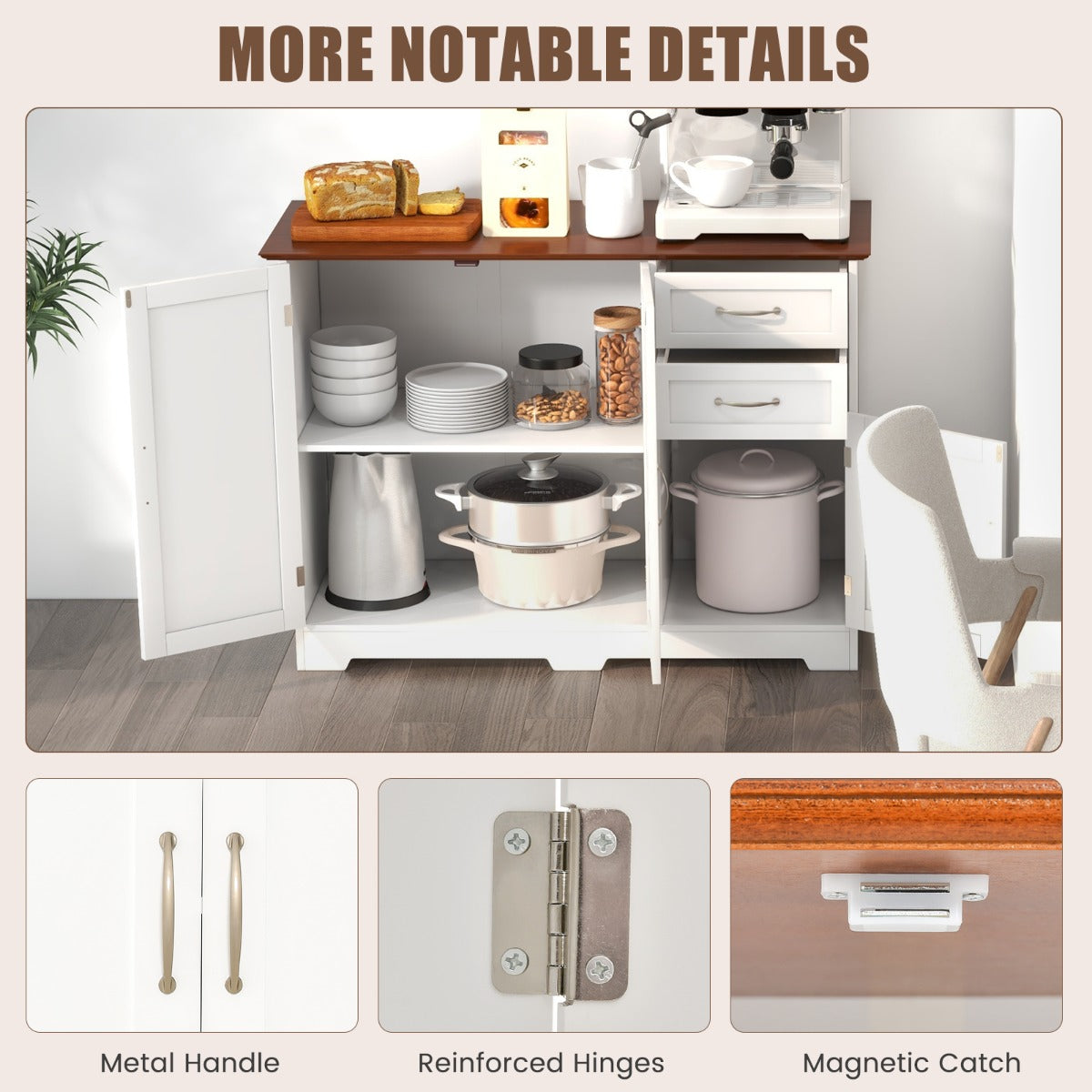 Modern Storage Buffet Cabinet with 2 Drawers and Adjustable Shelf-White