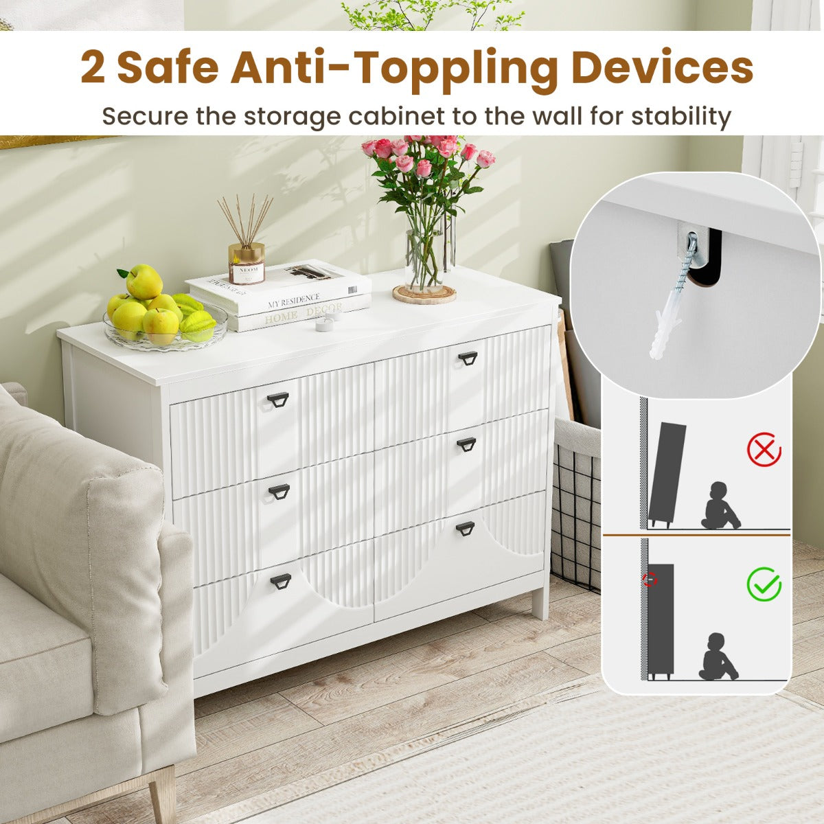 Versatile six-drawer cabinet works as a bedroom dresser, buffet cabinet, or stylish office organizer