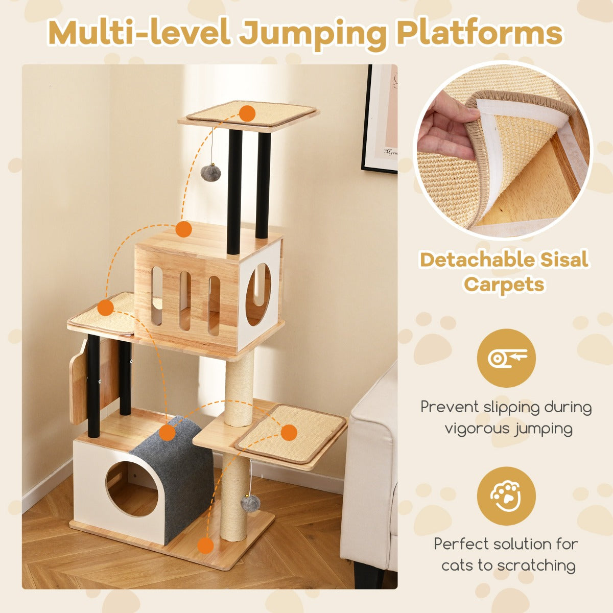 Modern Tall Cat Tower with Double Condos and Jumping Platforms-Natural