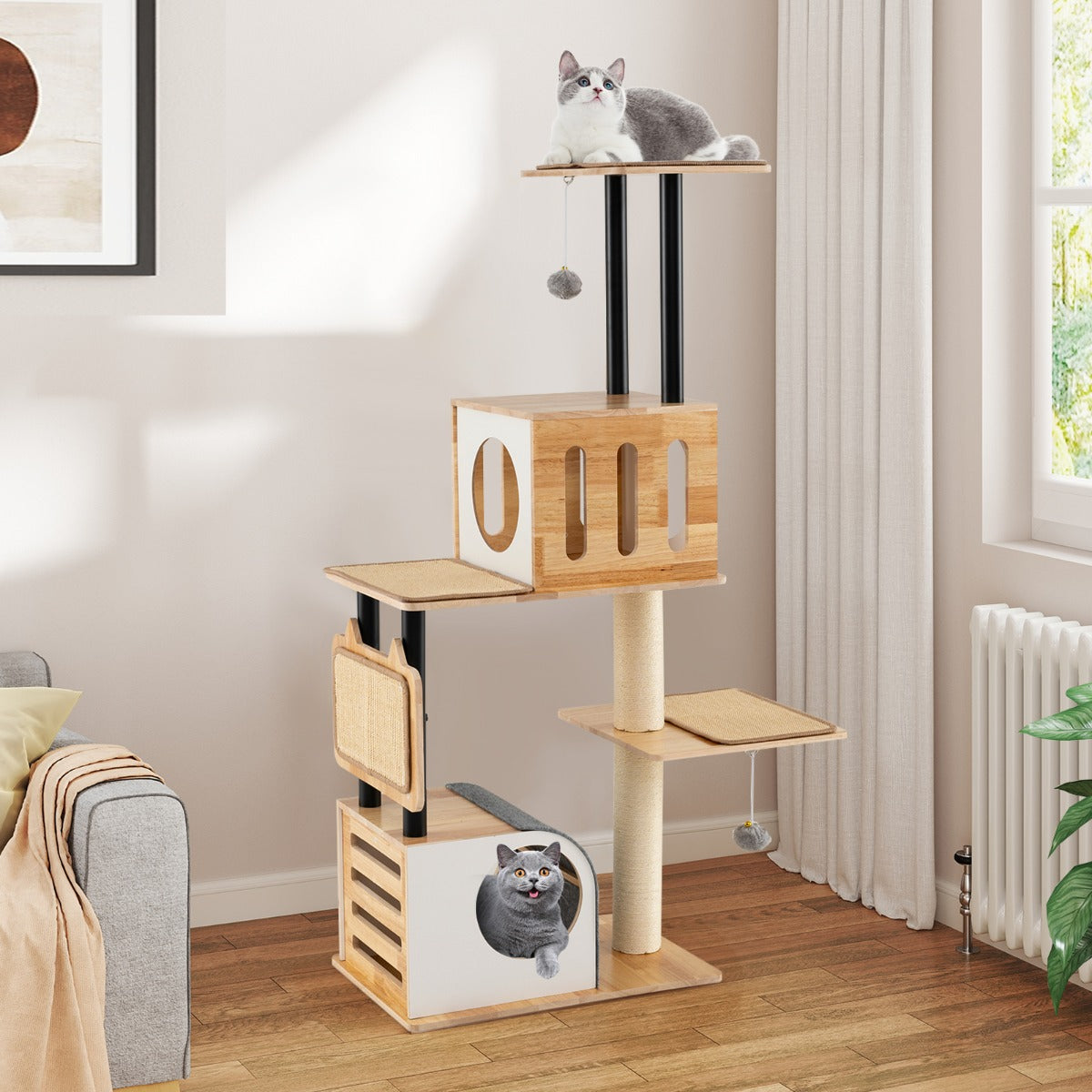 Modern Tall Cat Tower with Double Condos and Jumping Platforms-Natural