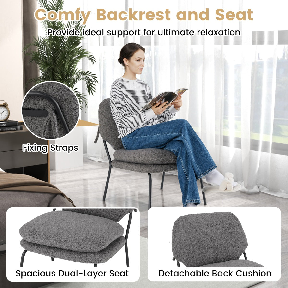 Modern Upholstered Accent Chair with Teddy Fleece Fabric Covering-Grey