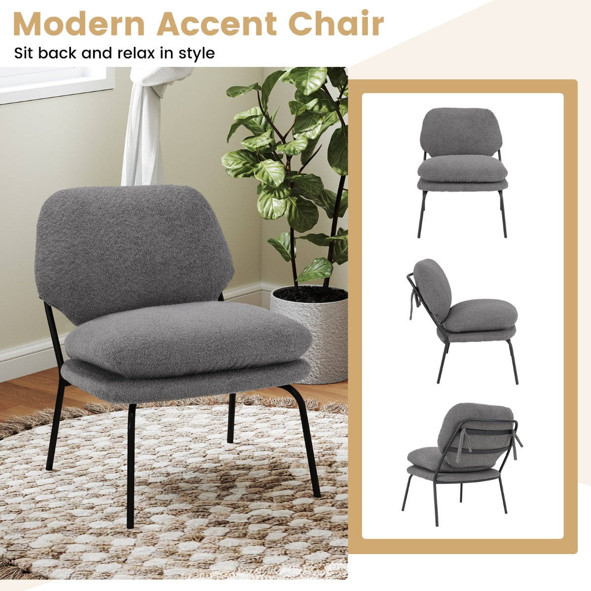 Modern Upholstered Accent Chair with Teddy Fleece Fabric Covering-Grey