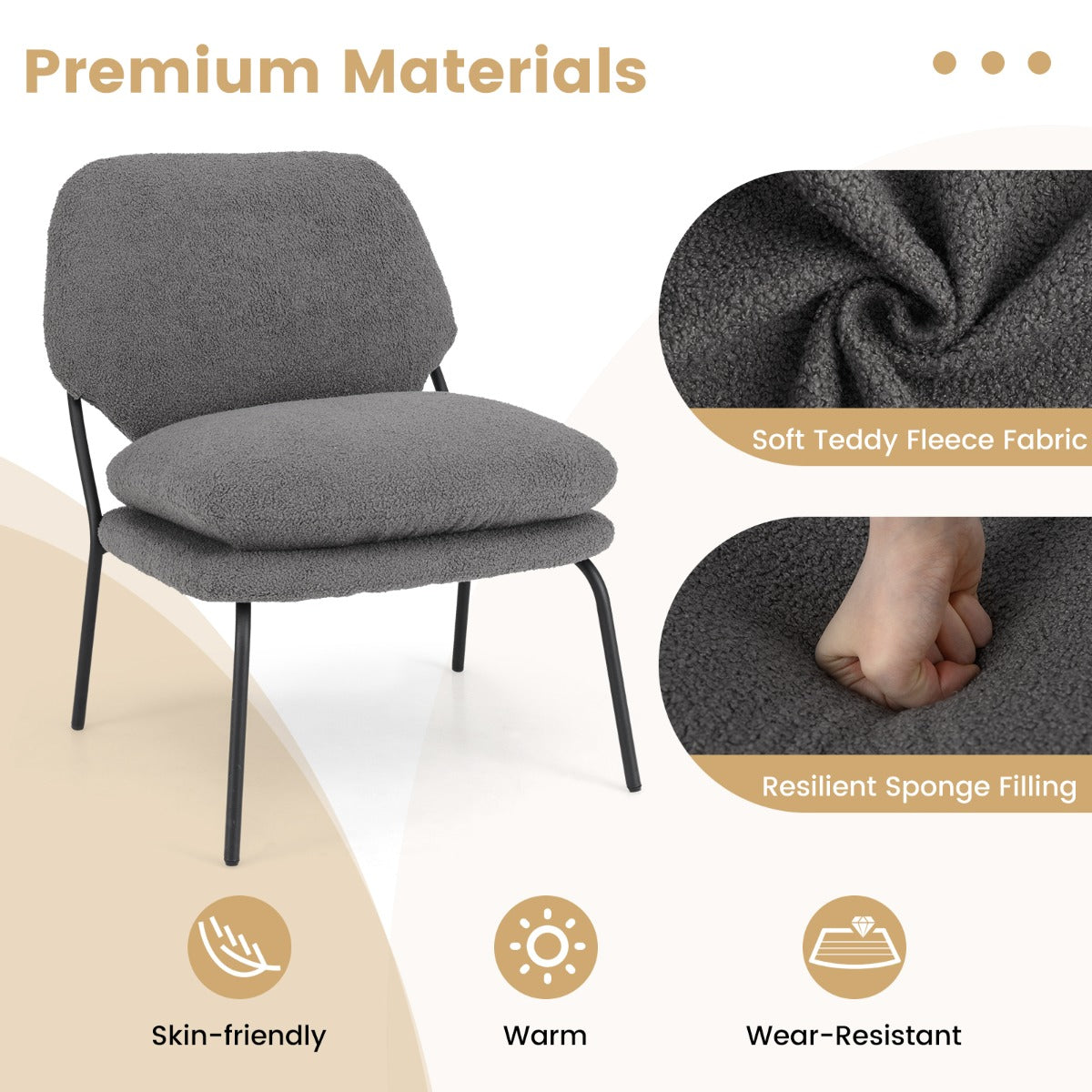 Modern Upholstered Accent Chair with Teddy Fleece Fabric Covering-Grey