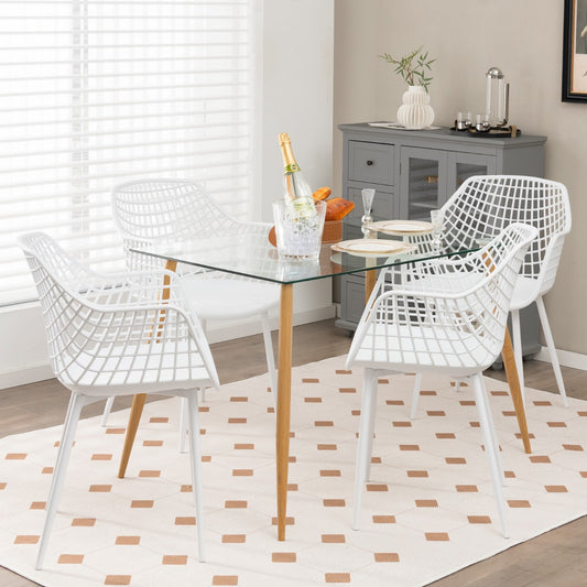 Costway Modern Dining Chair Set of 4 with Airy Hollow Backrest and Foot Pads-White-4 Packs