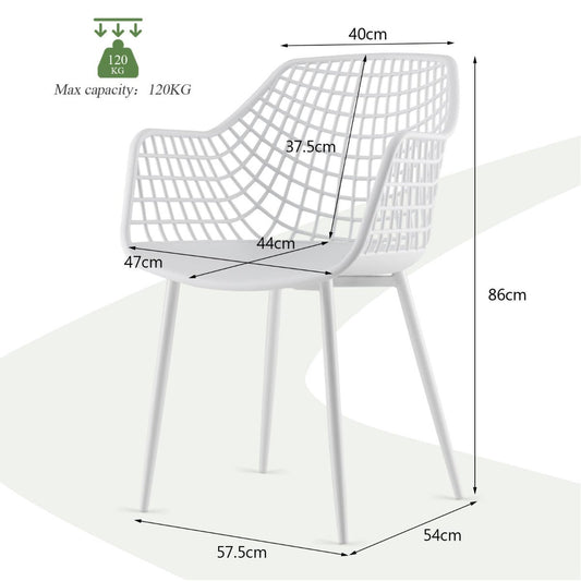 Set of four modern white dining chairs with smooth lines and decorative airy mesh backrests