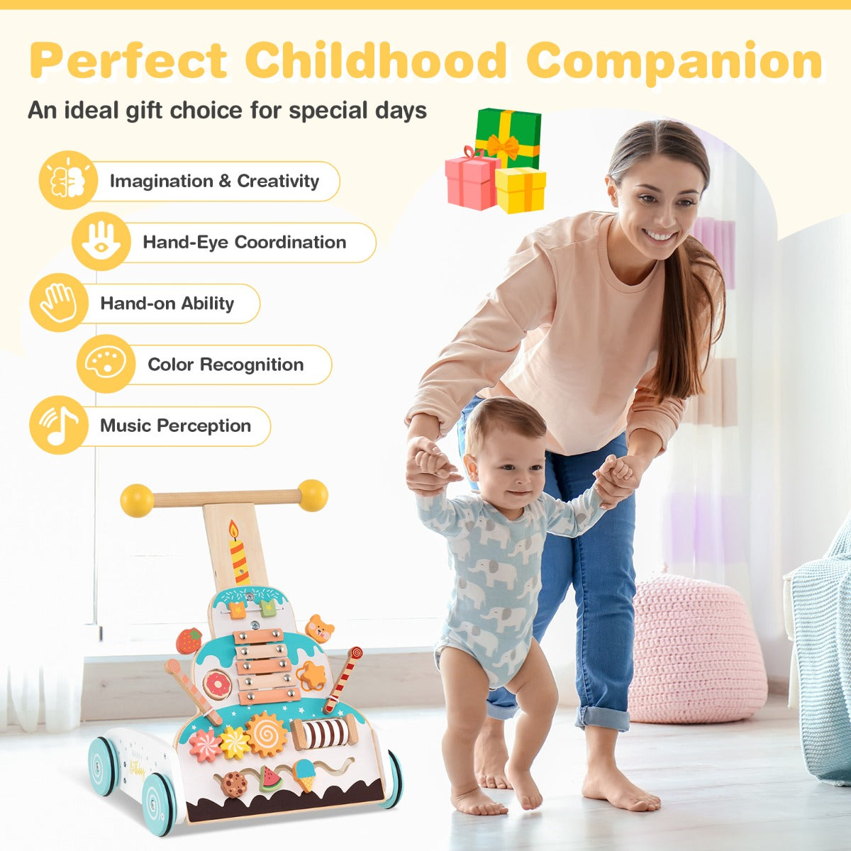 3-Level Height Adjustable Montessori Wooden Baby Walker for 1+ Years Old-White
