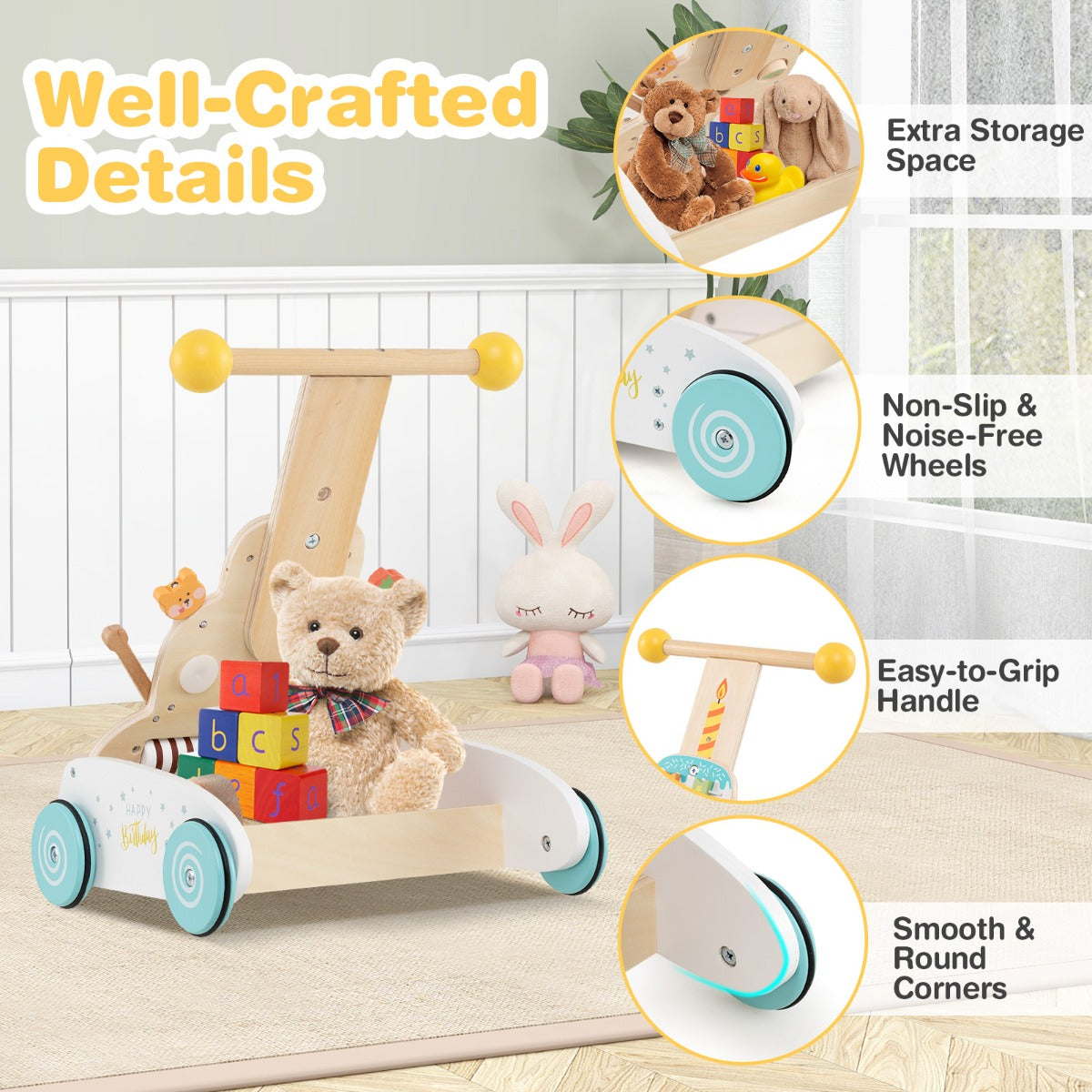 3-Level Height Adjustable Montessori Wooden Baby Walker for 1+ Years Old-White