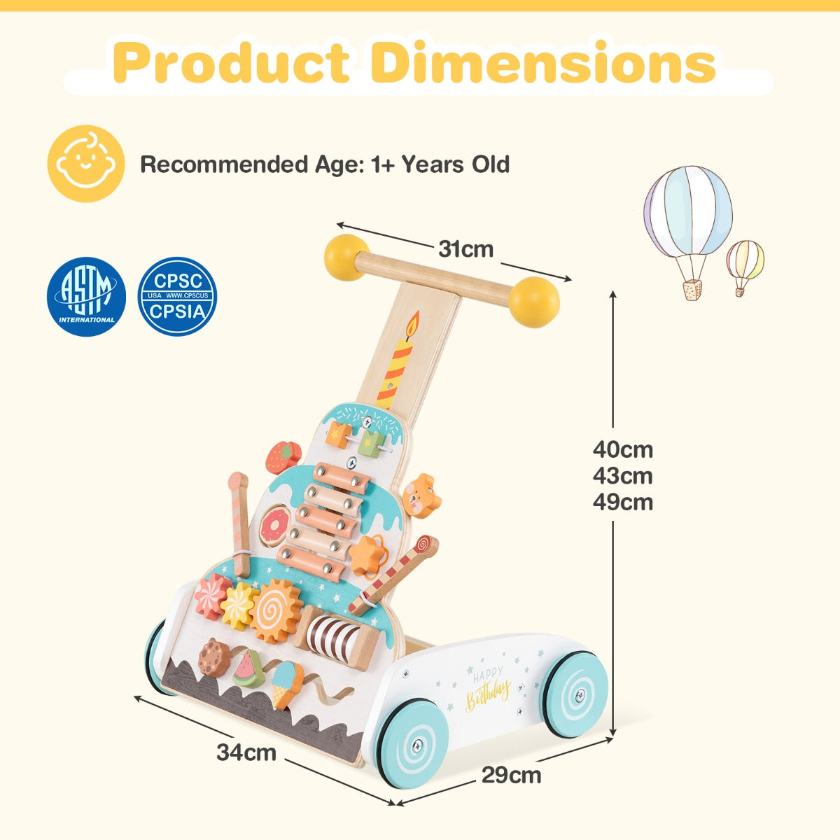 3-Level Height Adjustable Montessori Wooden Baby Walker for 1+ Years Old-White