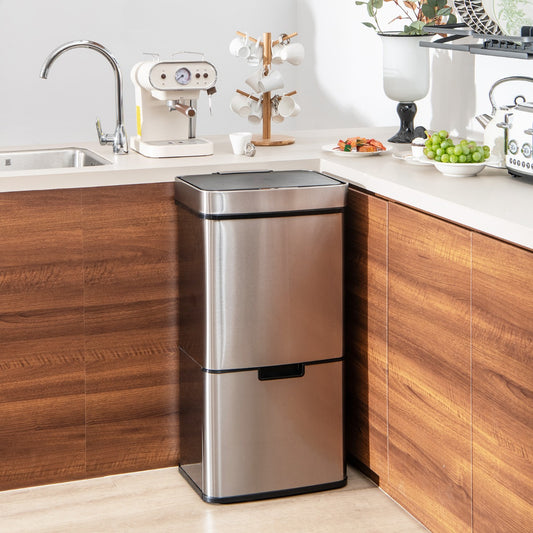 Motion Sensor Garbage Bin with Kitchen Waste Bin and 2 Bottom Recycling Bins-Silver