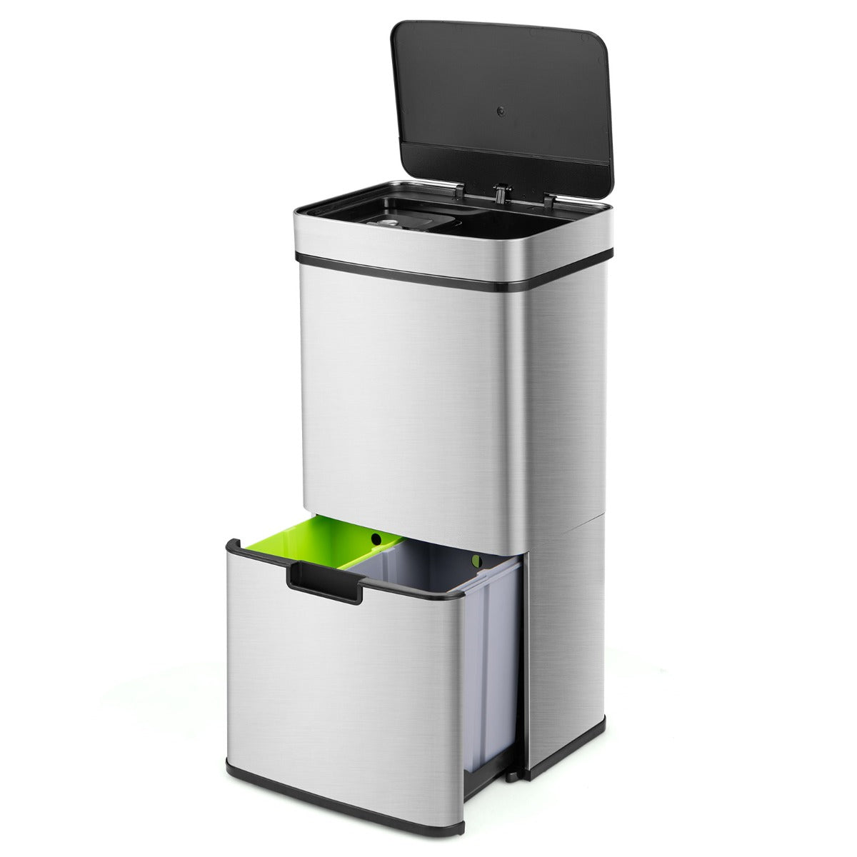 Motion Sensor Garbage Bin with Kitchen Waste Bin and 2 Bottom Recycling Bins-Silver