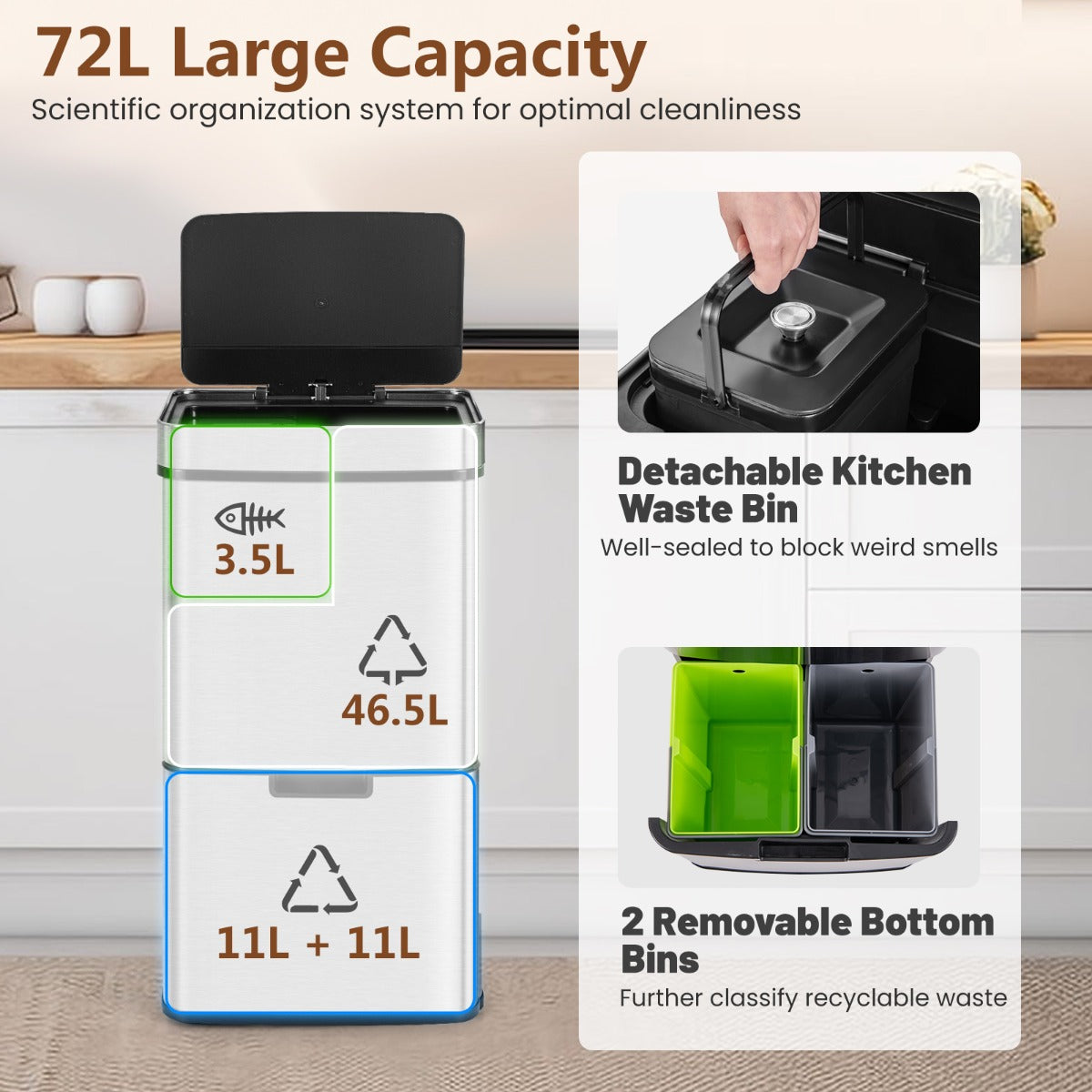 Motion Sensor Garbage Bin with Kitchen Waste Bin and 2 Bottom Recycling Bins-Silver