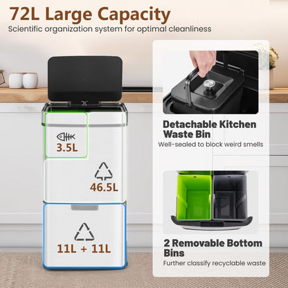 Motion Sensor Garbage Bin with Kitchen Waste Bin and 2 Bottom Recycling Bins-Silver