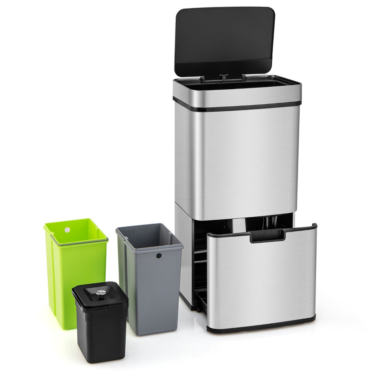Motion Sensor Garbage Bin with Kitchen Waste Bin and 2 Bottom Recycling Bins-Silver