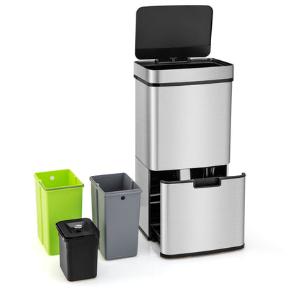Motion Sensor Garbage Bin with Kitchen Waste Bin and 2 Bottom Recycling Bins-Silver