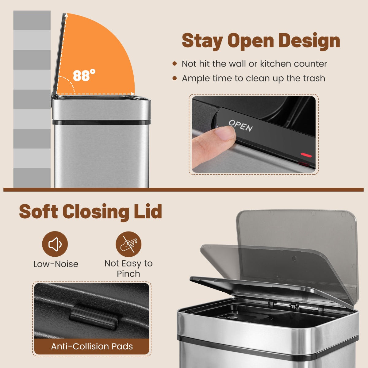 Motion Sensor Garbage Bin with Kitchen Waste Bin and 2 Bottom Recycling Bins-Silver