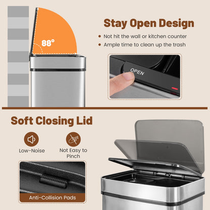 Motion Sensor Garbage Bin with Kitchen Waste Bin and 2 Bottom Recycling Bins-Silver