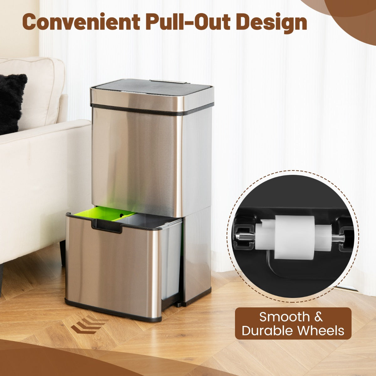 Motion Sensor Garbage Bin with Kitchen Waste Bin and 2 Bottom Recycling Bins-Silver