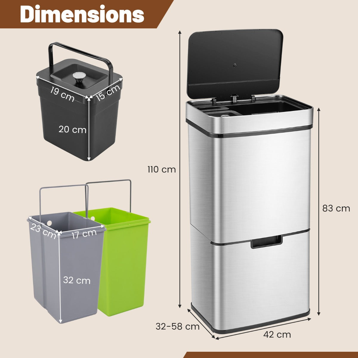 Motion Sensor Garbage Bin with Kitchen Waste Bin and 2 Bottom Recycling Bins-Silver