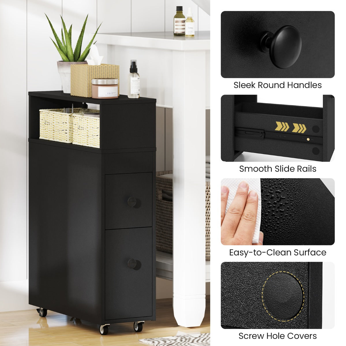 Slim Bathroom Storage Cabinet Movable with 2 Drawers-Black
