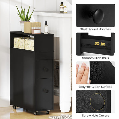 Slim Bathroom Storage Cabinet Movable with 2 Drawers-Black