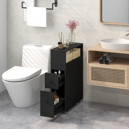 Slim Bathroom Storage Cabinet Movable with 2 Drawers-Black