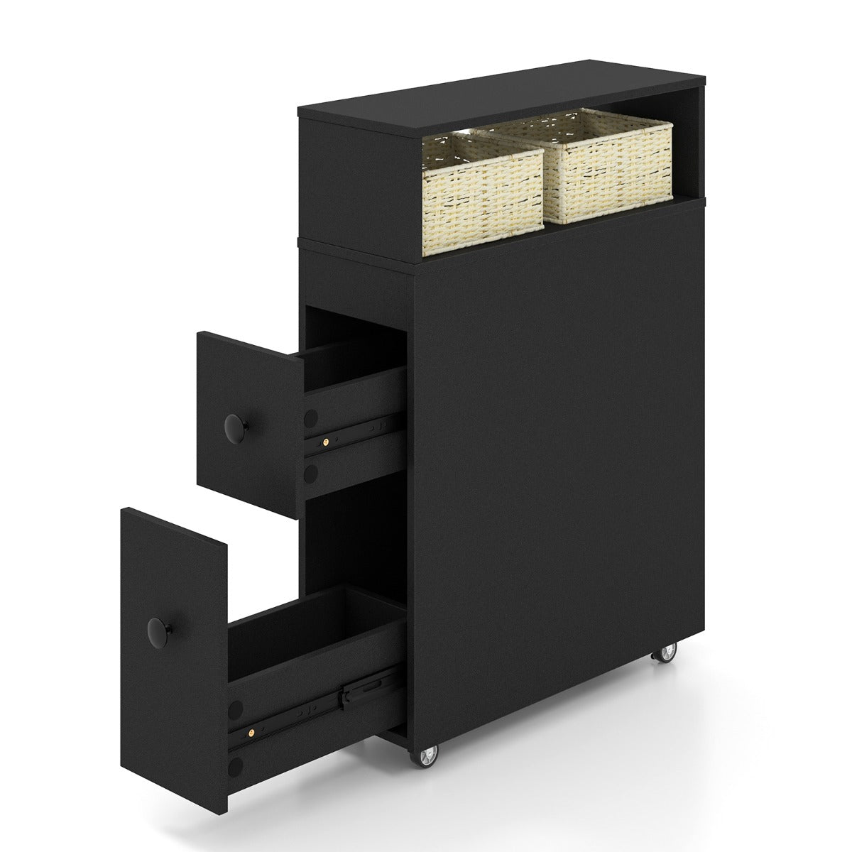 Slim Bathroom Storage Cabinet Movable with 2 Drawers-Black