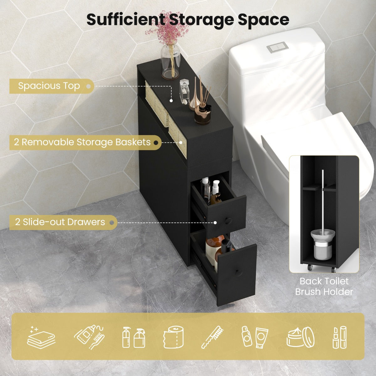 Slim Bathroom Storage Cabinet Movable with 2 Drawers-Black
