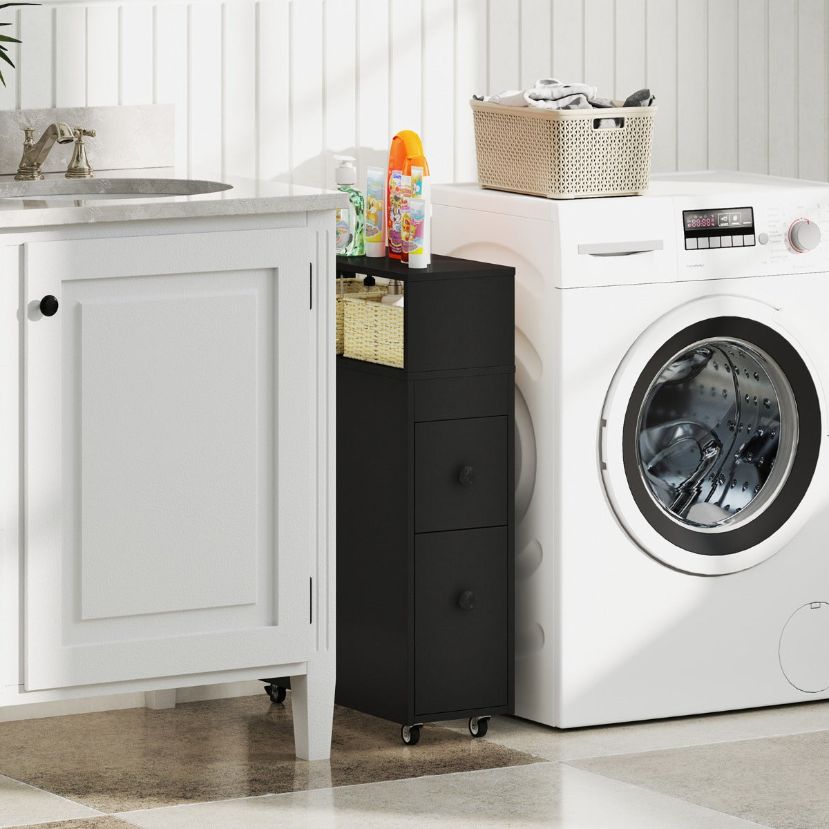 Slim Bathroom Storage Cabinet Movable with 2 Drawers-Black