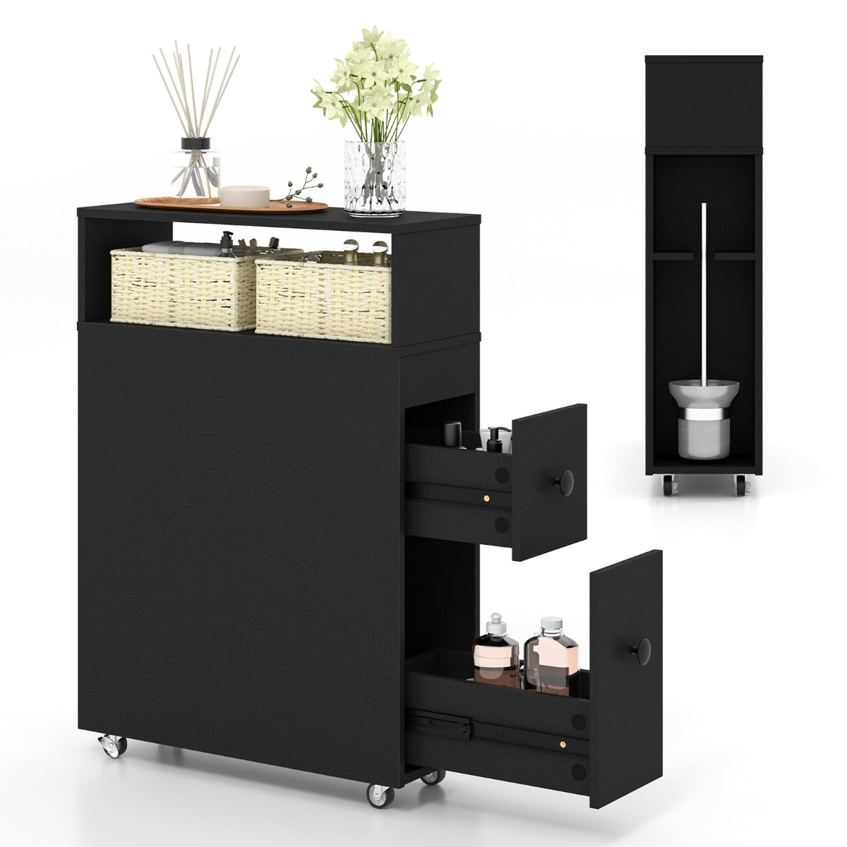 Slim Bathroom Storage Cabinet Movable with 2 Drawers-Black