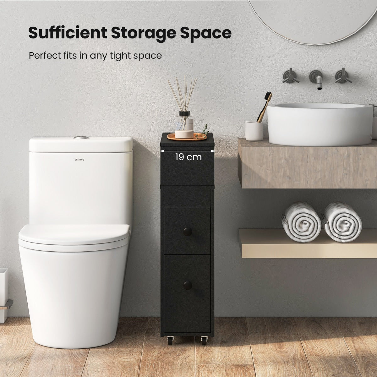 Slim Bathroom Storage Cabinet Movable with 2 Drawers-Black