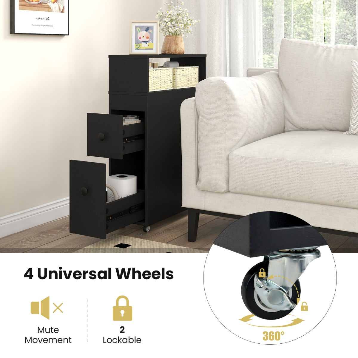 Slim Bathroom Storage Cabinet Movable with 2 Drawers-Black