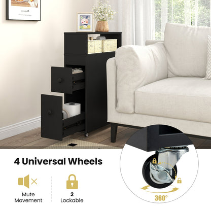 Slim Bathroom Storage Cabinet Movable with 2 Drawers-Black