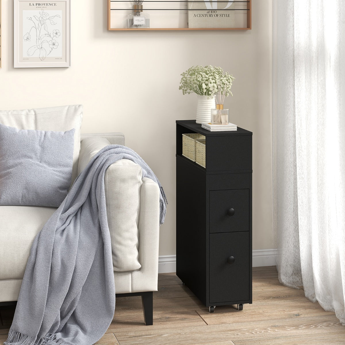 Slim Bathroom Storage Cabinet Movable with 2 Drawers-Black