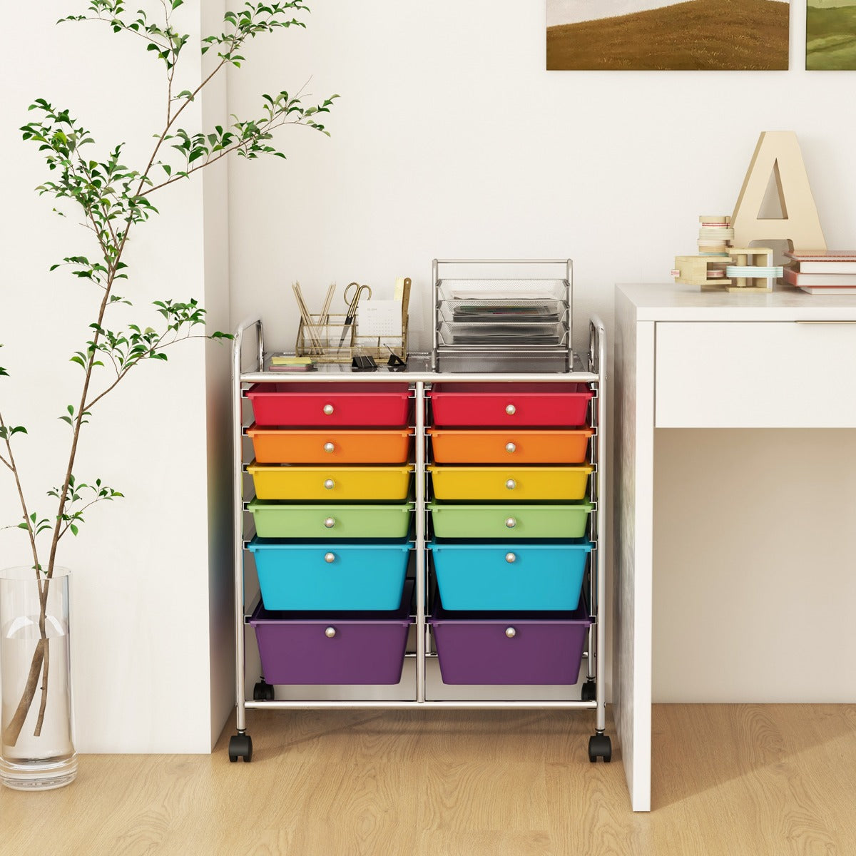 Movable 12-Drawer Storage Trolley with 2 lockable for Home Office-Colourful