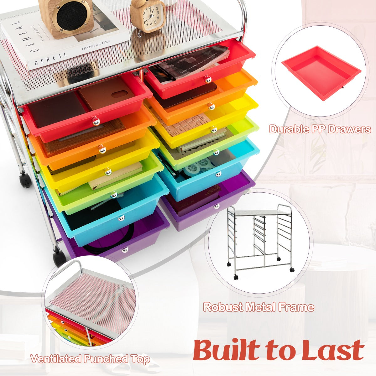 Movable 12-Drawer Storage Trolley with 2 lockable for Home Office-Colourful