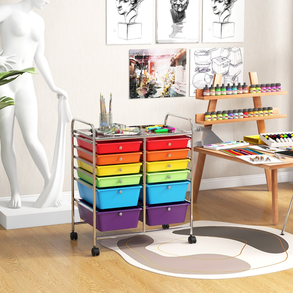 Movable 12-Drawer Storage Trolley with 2 lockable for Home Office-Colourful