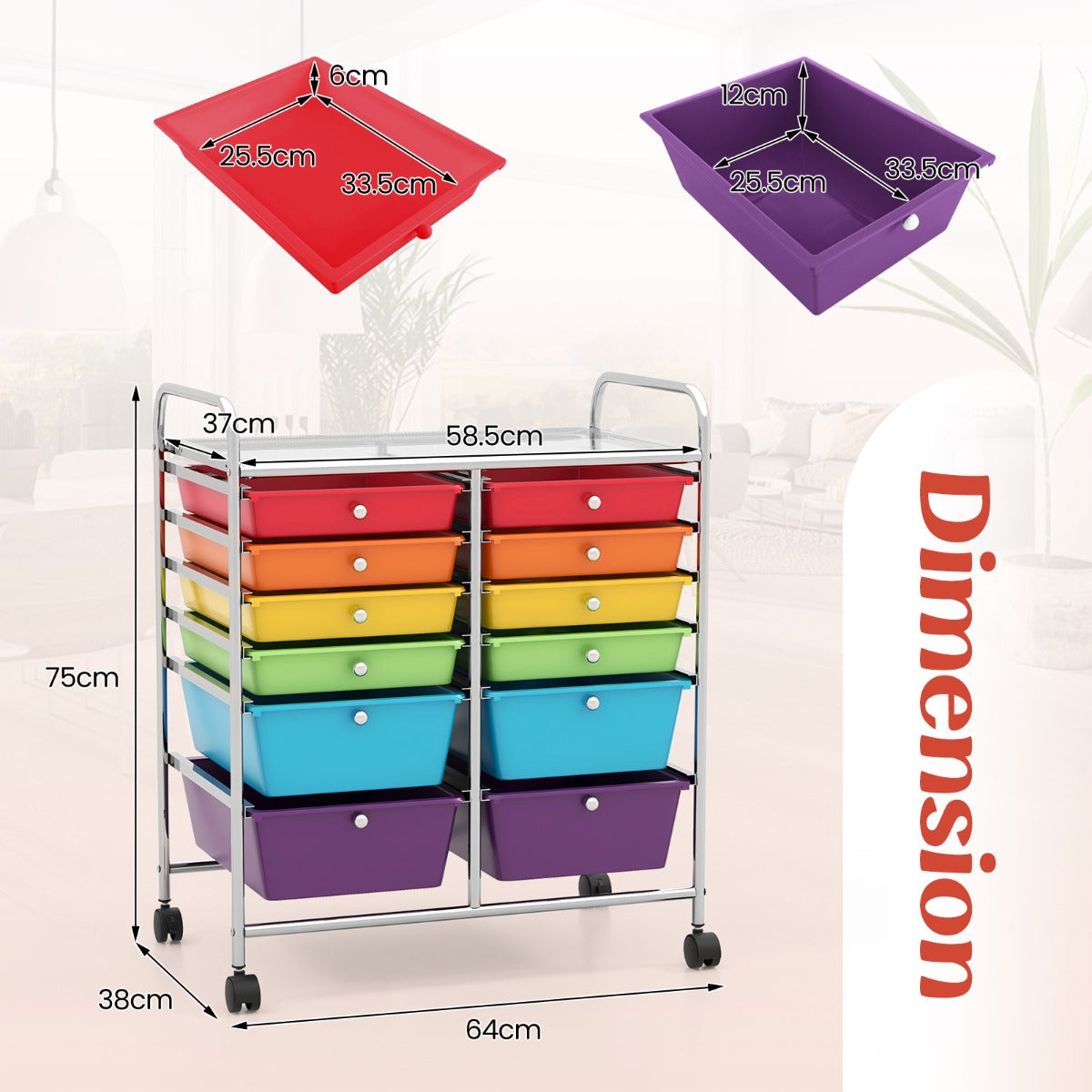 Movable 12-Drawer Storage Trolley with 2 lockable for Home Office-Colourful