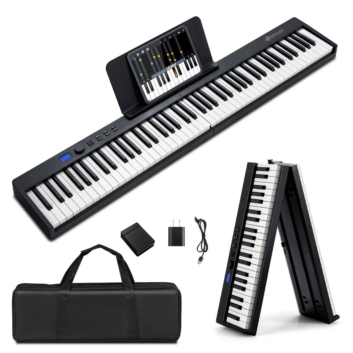88-Key Foldable Digital Piano with MIDI &amp; Wireless BT &amp; Bag-Black