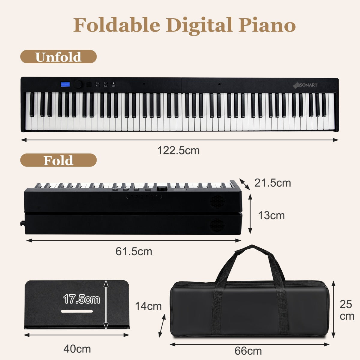 88-Key Foldable Digital Piano with MIDI &amp; Wireless BT &amp; Bag-Black