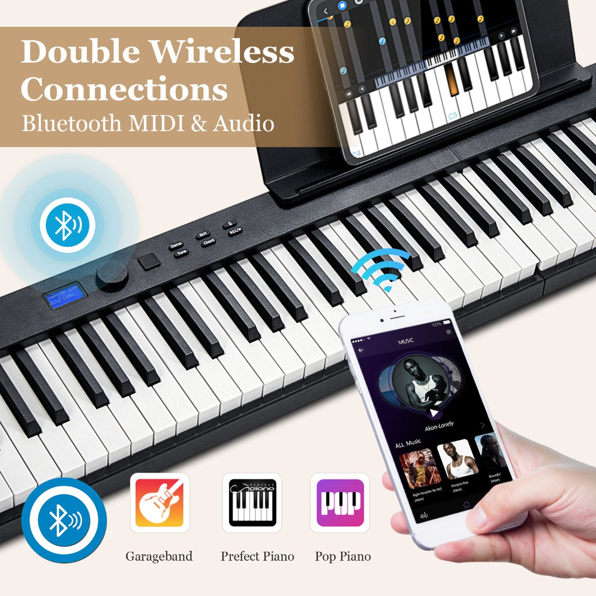 88-Key Foldable Digital Piano with MIDI &amp; Wireless BT &amp; Bag-Black