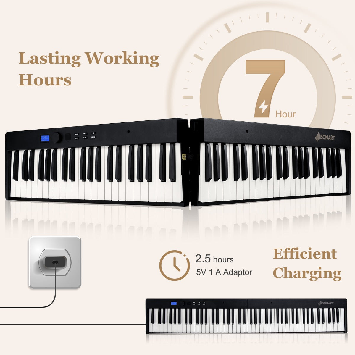88-Key Foldable Digital Piano with MIDI &amp; Wireless BT &amp; Bag-Black