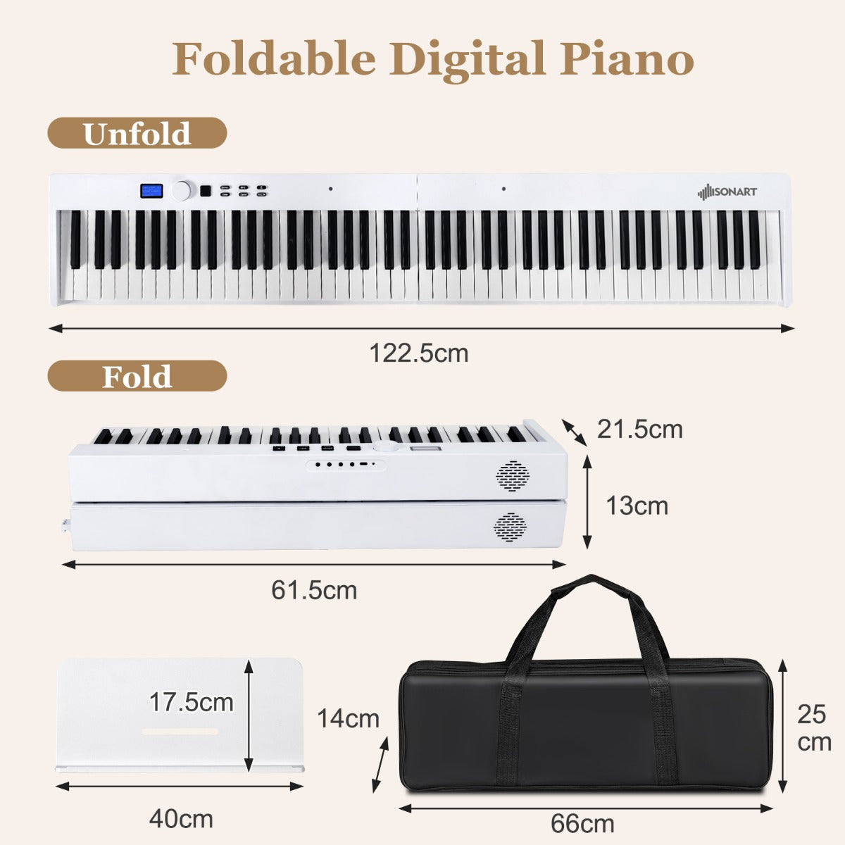 88-Key Foldable Digital Piano with MIDI &amp; Wireless BT &amp; Bag-White