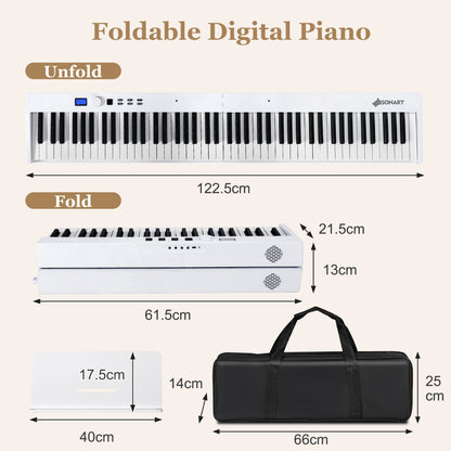 88-Key Foldable Digital Piano with MIDI &amp; Wireless BT &amp; Bag-White