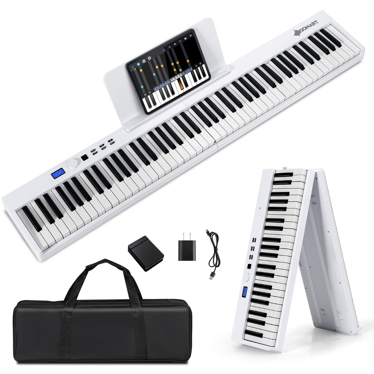 88-Key Foldable Digital Piano with MIDI &amp; Wireless BT &amp; Bag-White