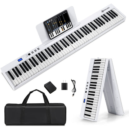 88-Key Foldable Digital Piano with MIDI &amp; Wireless BT &amp; Bag-White
