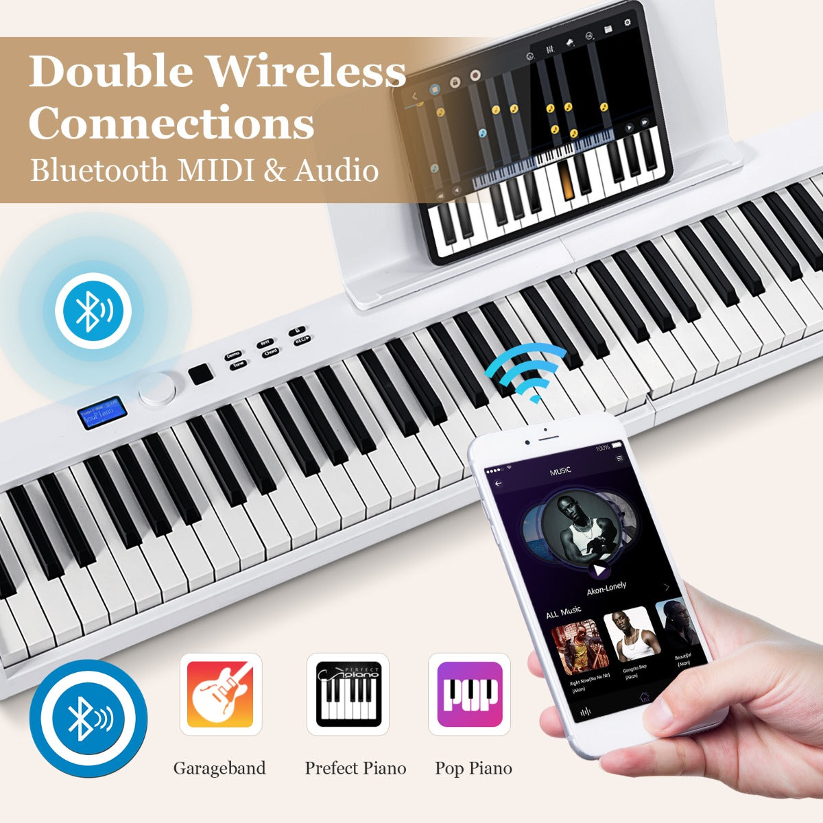 88-Key Foldable Digital Piano with MIDI &amp; Wireless BT &amp; Bag-White