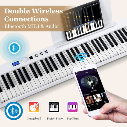 88-Key Foldable Digital Piano with MIDI &amp; Wireless BT &amp; Bag-White