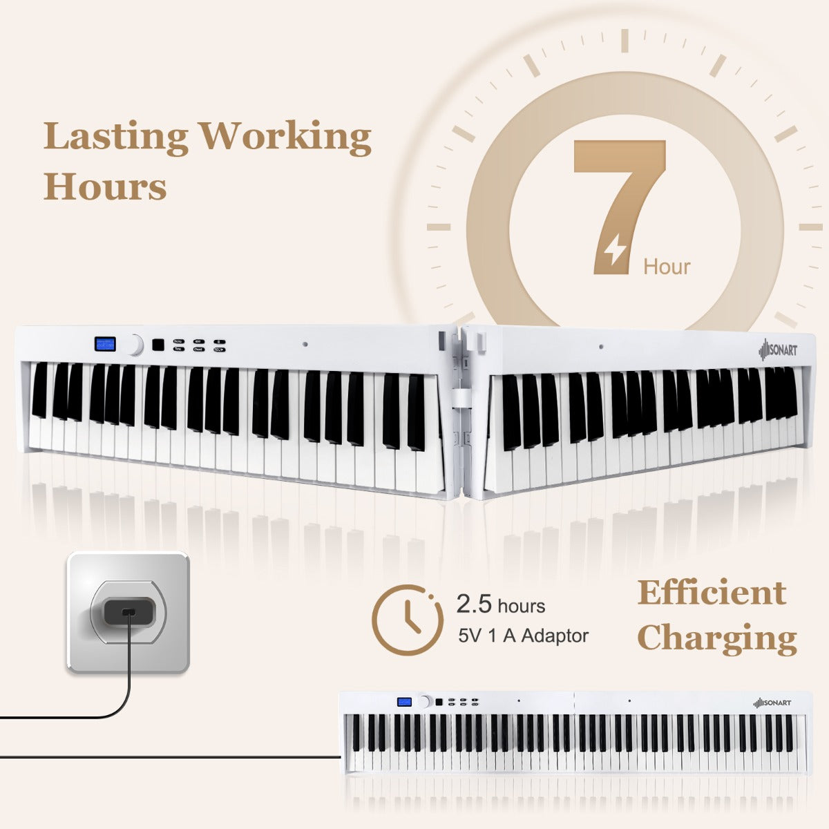 88-Key Foldable Digital Piano with MIDI &amp; Wireless BT &amp; Bag-White