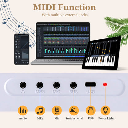 88-Key Foldable Digital Piano with MIDI &amp; Wireless BT &amp; Bag-White