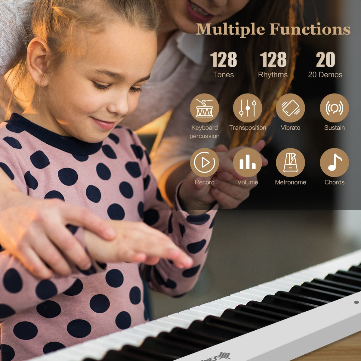 88-Key Foldable Digital Piano with MIDI &amp; Wireless BT &amp; Bag-White